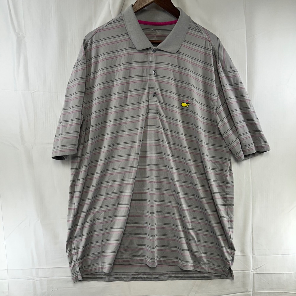 Masters Tech Polo Shirt Mens XL Grey Striped Short Sleeve Golf Logo Stretch